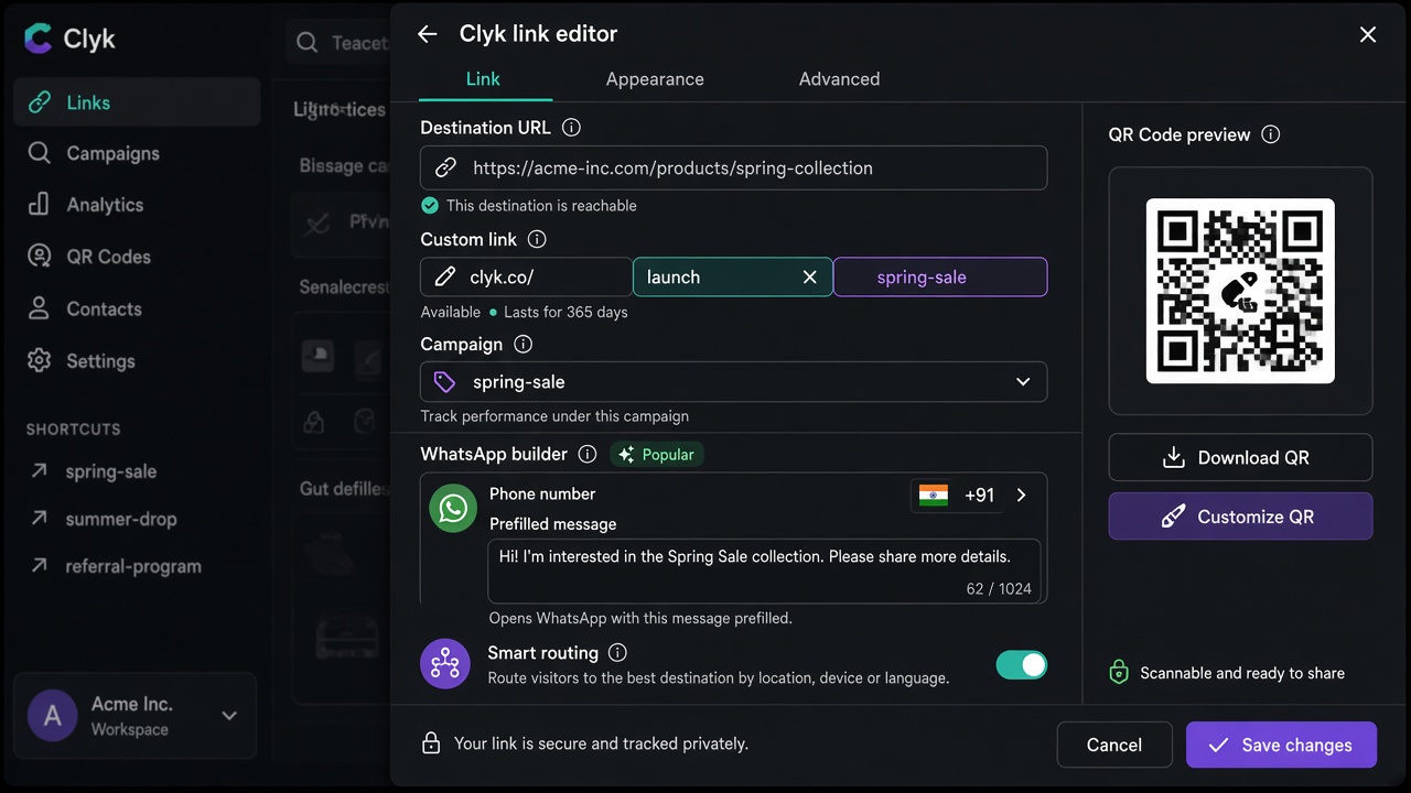 Clyk link editor with UTMs, WhatsApp builder, and QR preview